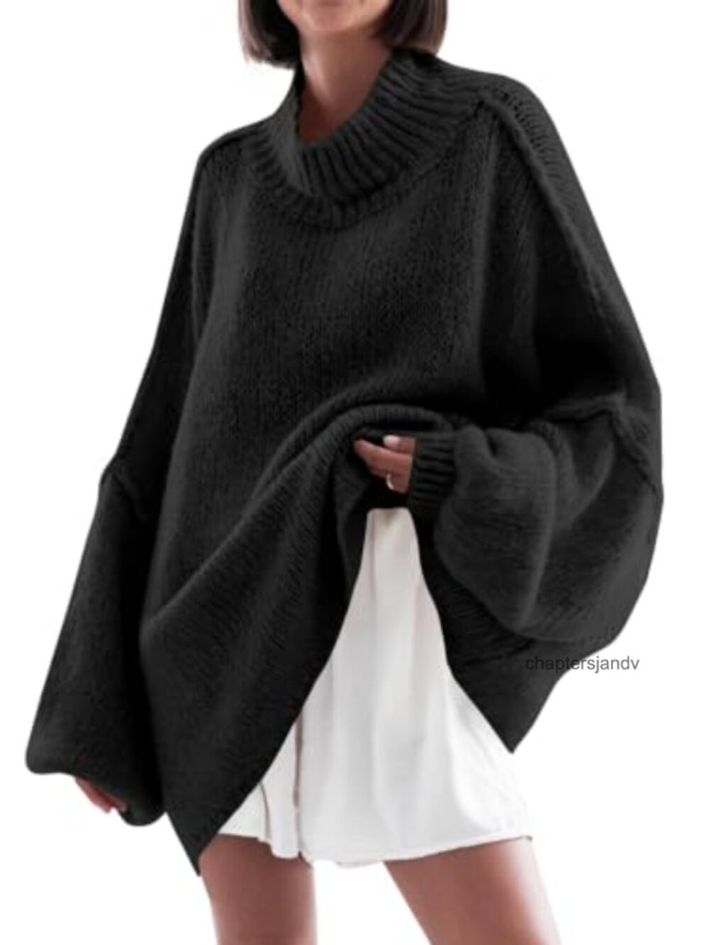 Oversized Mock Neck Tunic Sweater Ribbed Knit Batwing Long Sleeve Pullover